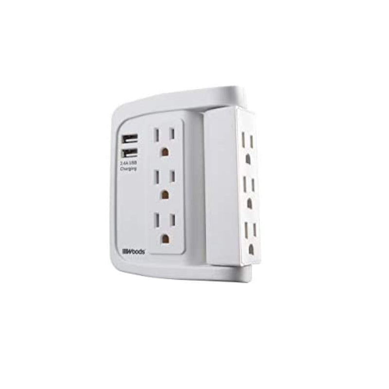 Woods 41424 6 Space Saver Swivel Wall Tap, 3 Rotating Outlets and 2 USB Ports, 500J and 2.4A, White 6 Outlets with 2 USB Ports