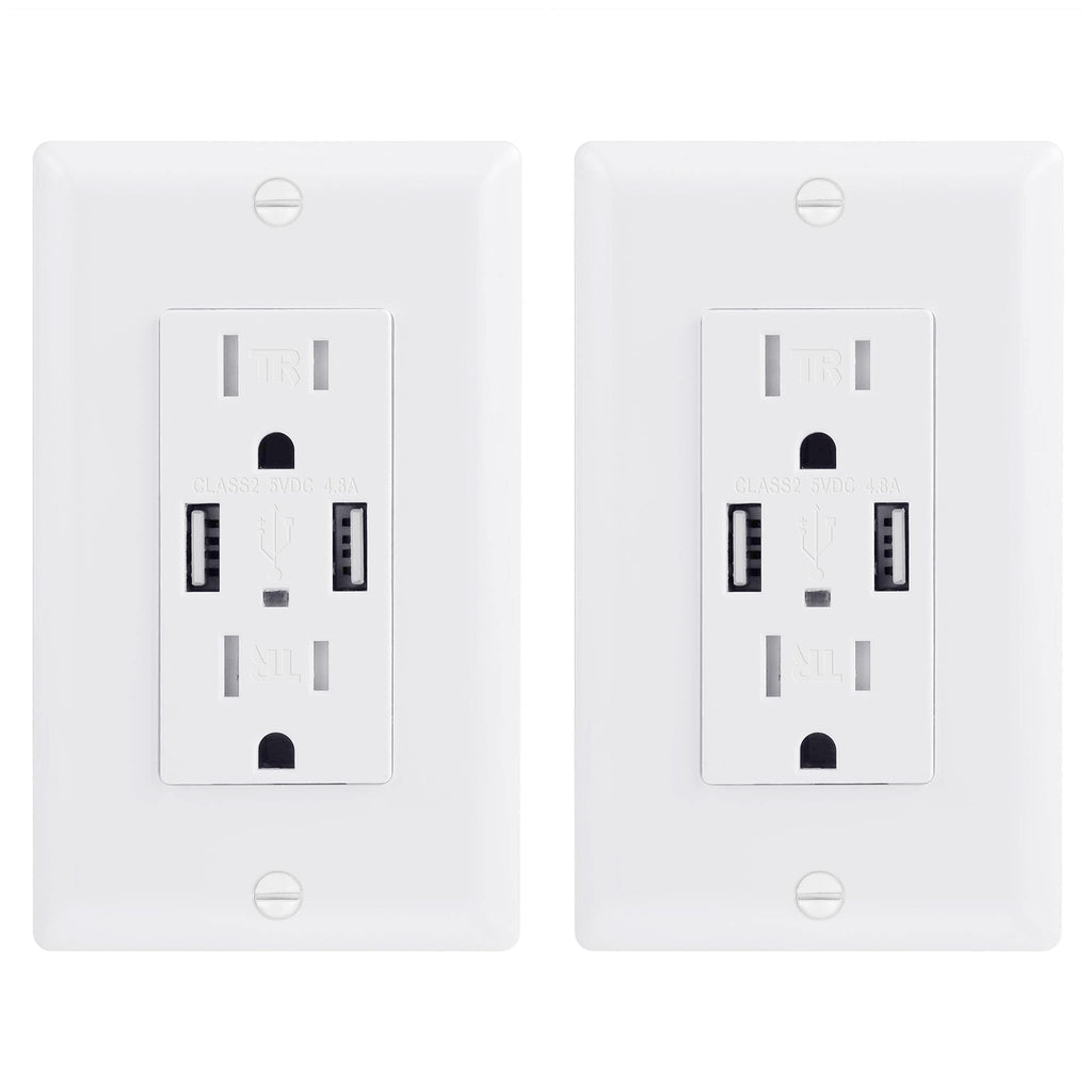2-Pack EverElectrix 4.8A Wall Outlet with USB Ports 15Amp Duplex USB Wall Outlets Tamper Resistant USB Outlet Charger, UL Listed, Electrical Outlet with Dual USB Ports, White USB Outlets Receptacles 2