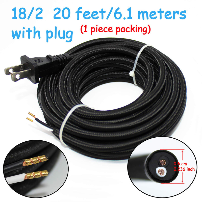 18/2 20Ft Antique Vintage Electrical Wire With Plug 18 Gauge Rayon Covered Braided Black 18 AWG 2 Conductor Flexible Fabric Pendant Lamp Lighting Power Cord(10A)