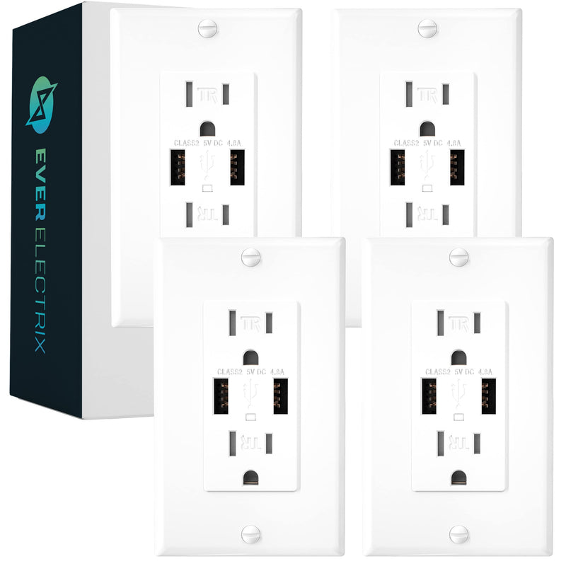 4-Pack EverElectrix 4.8A Wall Outlet with USB Ports 15Amp Duplex USB Wall Outlets Tamper Resistant USB Outlet Charger, UL Listed, Electrical Outlet with Dual USB Ports, White USB Outlets Receptacles