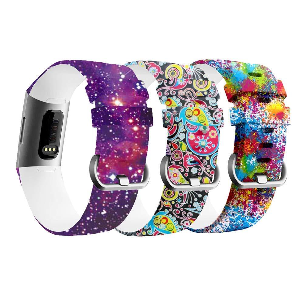HMJ Band Compatible with Charge 3 & Charge 3 SE, Soft Silicone Replacement Watch Wristbands Strap Bands with Small Large Compatible for Charge 3/3 SE Fitness Tracker Painting + Peacock + Purple Starry Sky