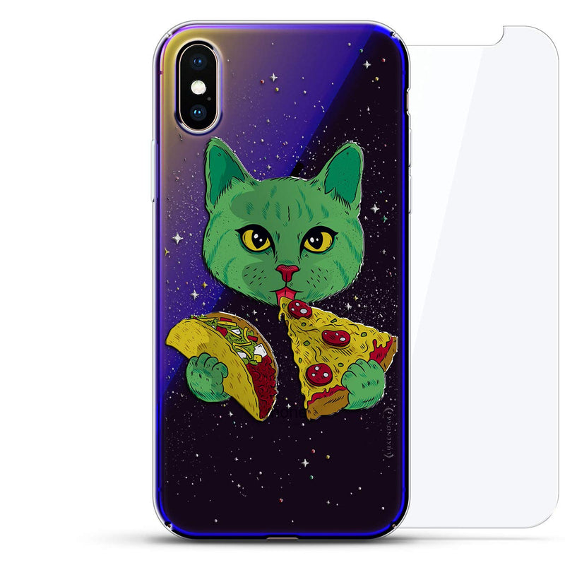 Animals: Cat Eating Taco & Pizza | Luxendary Gradient Series 360 Bundle: Clear Ultra Thin Silicone Case + Tempered Glass for iPhone Xs Max (6.5") in Sunrise Blue