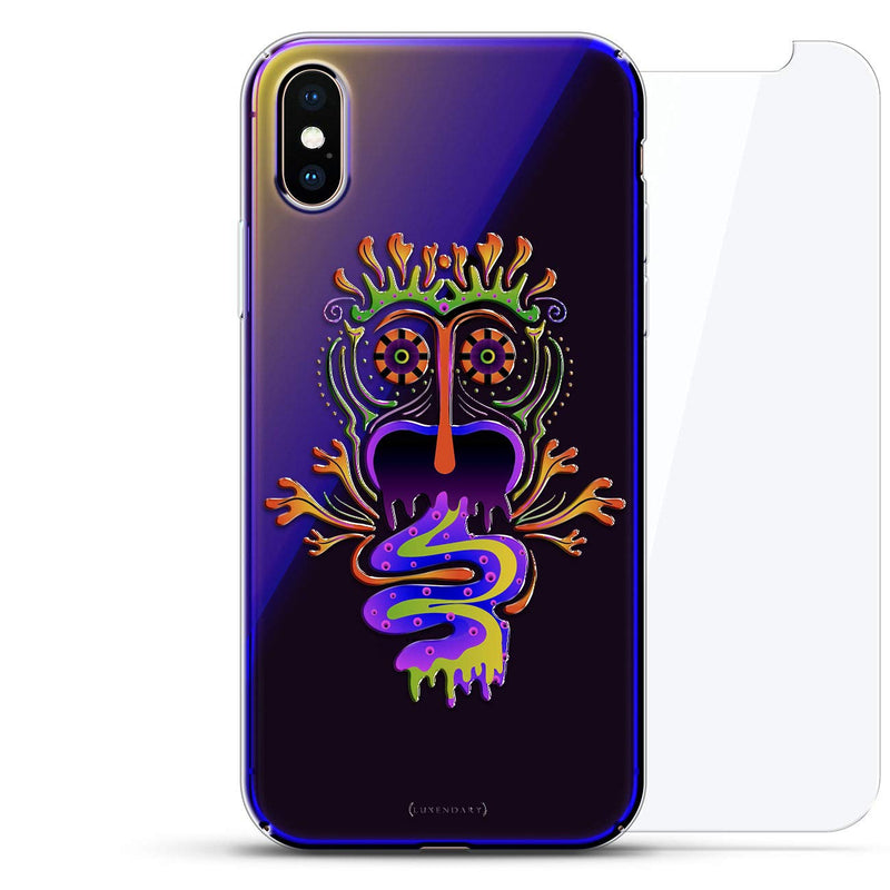 Fantasy: Trippy Psychodelic Screaming Monster | Luxendary Gradient Series 360 Bundle: Clear Ultra Thin Silicone Case + Tempered Glass for iPhone Xs Max (6.5") in Sunrise Blue