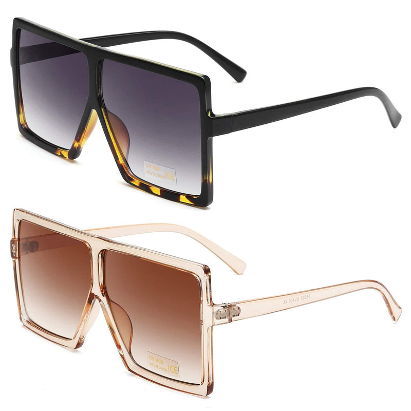 GRFISIA Square Oversized Sunglasses for Women Men Flat Top Fashion Shades 2 Pcs- Leopard- Orange 2.56 Inches
