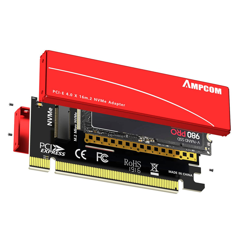 AMPCOM M.2 M Key Nvme SSD to PCI-e Adapter, PCI Express X16 Card with Aluminum Case, Supports Windows 7/8/ 10, Supports 2280