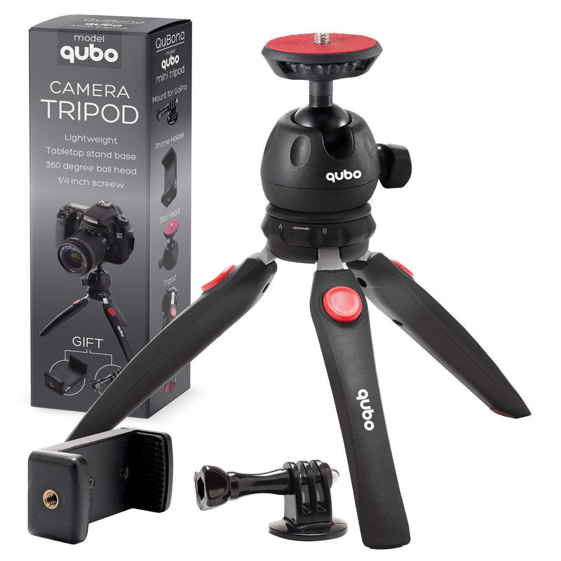 qubo Mini Tripod Camera Holder - Premium Tabletop Small Phone Tripod Mount for GoPro iPhone / Cell Phones Webcam Projector Compact DSLR - Hand Desktop Camera Tripod Stand Table