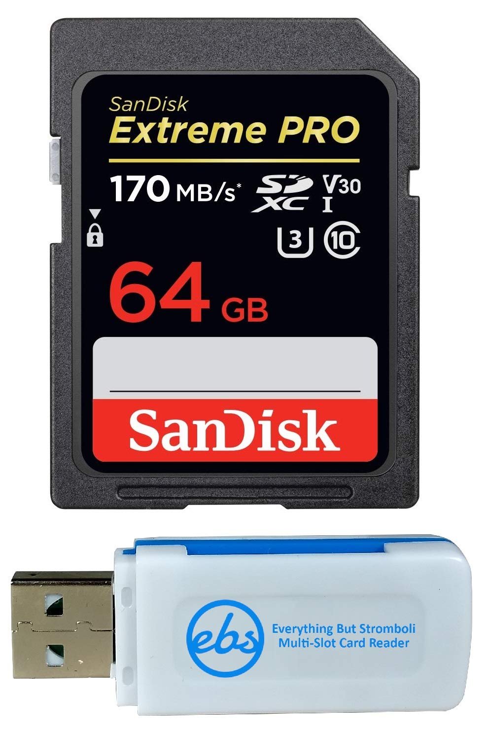 SanDisk 64GB SDXC Extreme Pro Memory Card Works with Canon EOS M3, M5, M6 Mirrorless Camera 4K V30 UHS-I (SDSDXXY-064G-GN4IN) with Everything But Stromboli Combo Reader 64GB Class 10