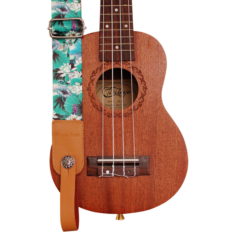 MUSIC FIRST Original Design “LOTUS” Soft Nylon & Genuine Leather Ukulele Strap Ukulele Shoulder Strap With a MUSIC FIRST Genuine Leather Strap Locker