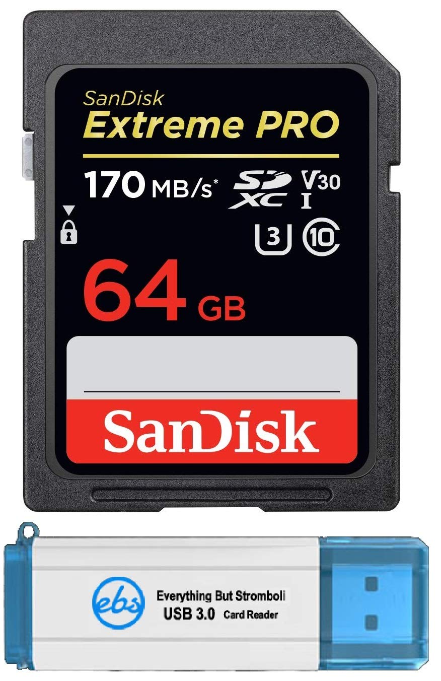 SanDisk 64GB SDXC Extreme Pro Memory Card Works with Canon EOS R, M50, M100 Mirrorless Camera 4K V30 UHS-I (SDSDXXY-064G-GN4IN) with Everything But Stromboli 3.0 SD/Micro Card Reader