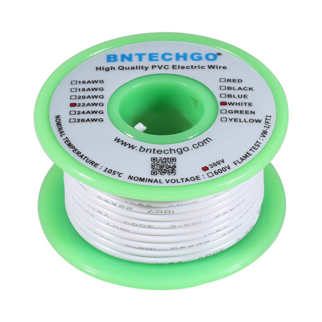 BNTECHGO 22 Gauge PVC 1007 Solid Electric Wire White 50 ft 22 AWG 1007 Hook Up Tinned Copper Wire 22 Gauge PVC Solid Wire 50ft 22 Gauge Pvc Solid Wire White