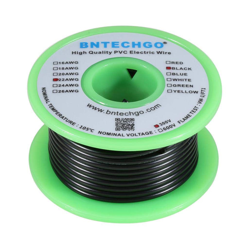 BNTECHGO 22 Gauge PVC 1007 Solid Electric Wire Black 25 ft 22 AWG 1007 Hook Up Tinned Copper Wire 22 Gauge PVC Solid Wire 25ft 22 Gauge Pvc Solid Wire Black