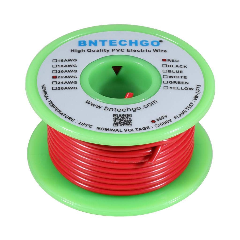BNTECHGO 22 Gauge PVC 1007 Solid Electric Wire Red 25 ft 22 AWG 1007 Hook Up Tinned Copper Wire 22 Gauge PVC Solid Wire 25ft 22 Gauge PVC Solid Wire red