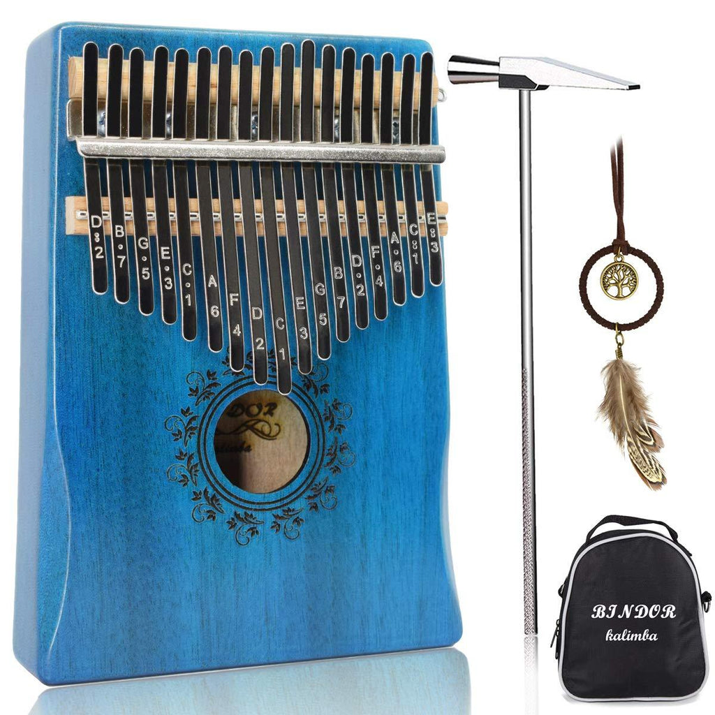 BinDor 17 Key Kalimba Thumb Piano, Finger Piano Mbira Kalimba Solid Mahogany Body Portable Easy-to-learn Musical Instrument with Tuning Hammer (Blue) Blue