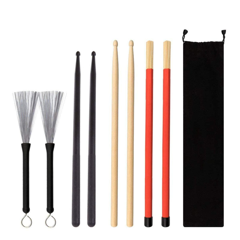 Timiy Professional Drum Sticks Drum Brushes Set-1 Pair 5A Drum Sticks, 1 Pair Drum Rod Brushes Sticks, 1 Pair Drum Nylon Sticks with Storage Bag,1 Pair Drum Wire Brushes Retractable Drum Stick Brush,