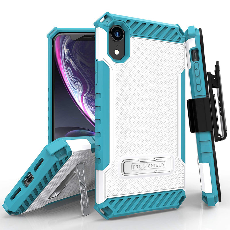 Beyond Cell TRISHIELD Series Rugged Cover with + [Belt Clip Holster] + [Built in Kickstand] Compatible with iPhone XR 6.1 -Light Blue Light Blue