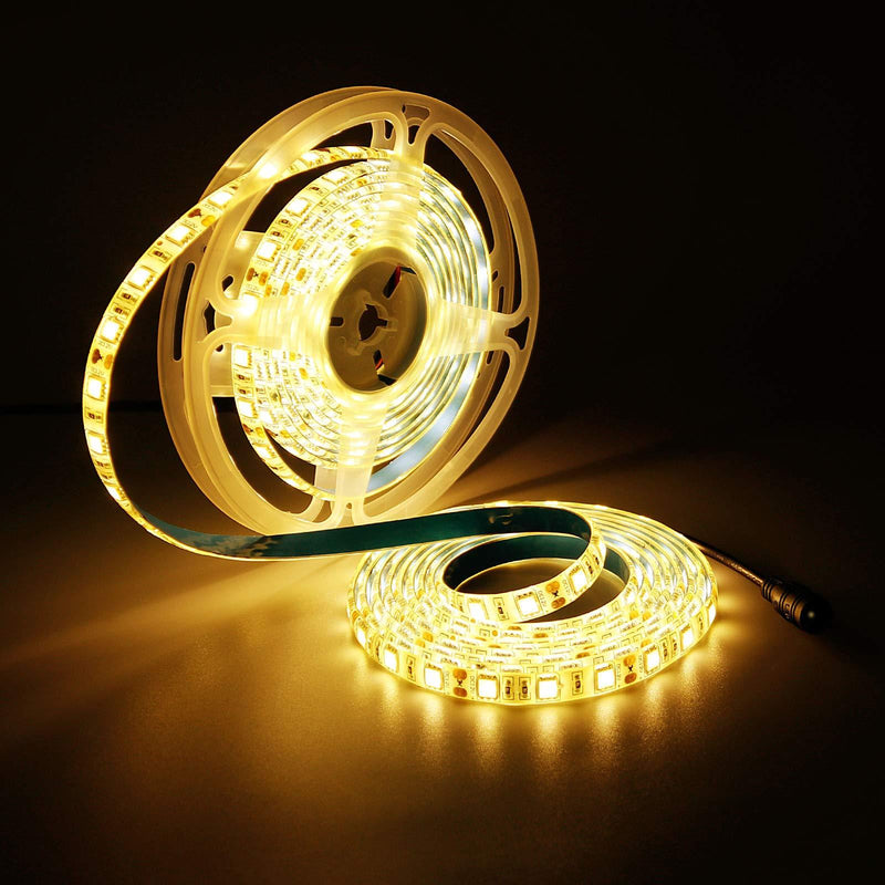 YUNBO LED Strip Light Warm White 3000-3500K, 16.4ft/5M 300 Units Cuttable SMD 5050 12V Waterproof Flexible LED Tape Light for Home, Kitchen Cabinet, Living Room Lighting Decoration