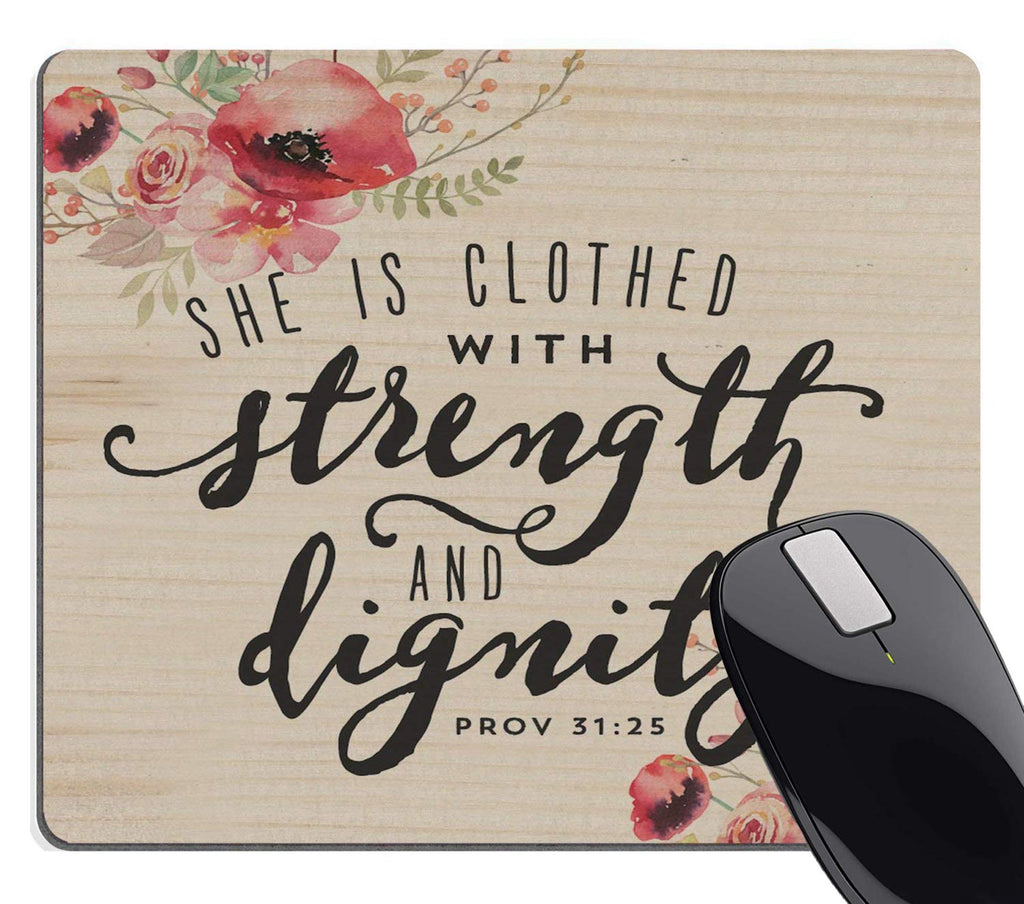 Wknoon Vintage Floral Quotes Bible Verse Scripture Mouse Pad, She is Clothed with Strength Dignity Poppies Prov 31 25
