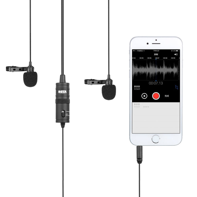 [AUSTRALIA] - Dual Lavalier Microphone for Smartphone Camera Vlog, 157 Inch/4m BOYA BY-M1DM Dual-Head Lapel Universal Mic with 1/8 Plug Adapter for iPhone 11 X 8 7 Samsung Canon Nikon DSLR Camcorders PC Recorder TRRS Mic (Dual-head) 