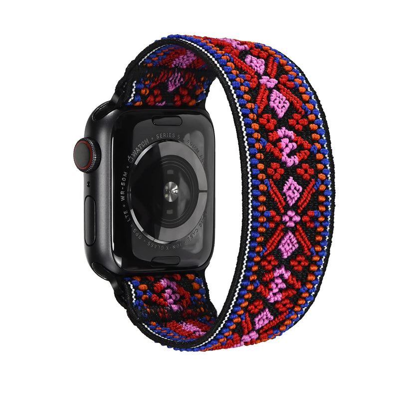 Tefeca Red Embroidery Ethnic Pattern Elastic Compatible/Replacement Band for Apple Watch Black Adapters S fits Wrist Size : 6.0-6.5 inch, 42/44mm