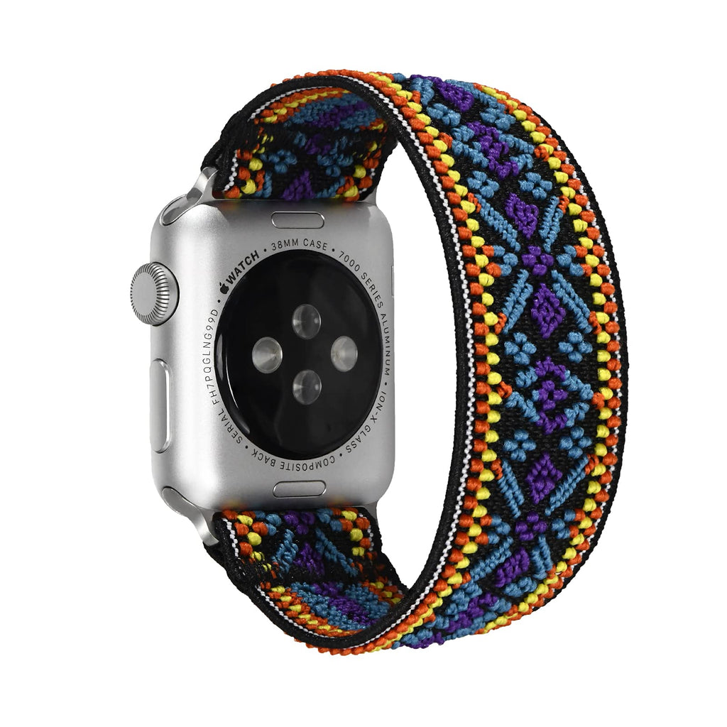 Tefeca Blue Embroidery Ethnic Pattern Elastic Compatible/Replacement Band for Apple Watch Silver Adapters S fits Wrist Size : 6.0-6.5 inch, 38/40mm