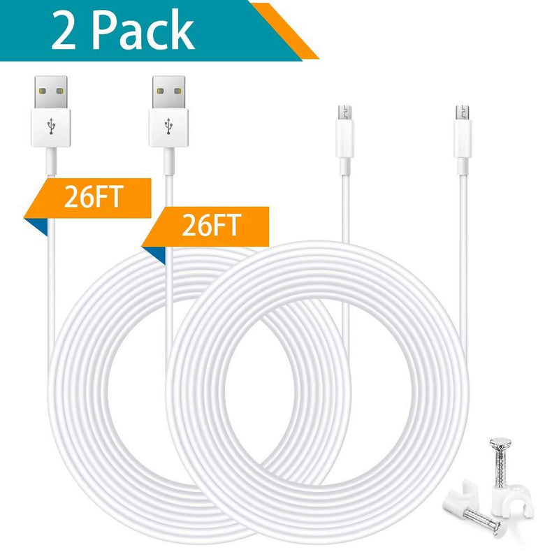 26ft Power Extension Cable Compatible with WyzeCam, Wyze Cam Pan,Yi Camera, NestCam Indoor, Netvue,Furbo Dog, Blink, Amazon Cloud Cam, Oculus Go, Micro USB Charging Cord for Security Cam (2 Pack)