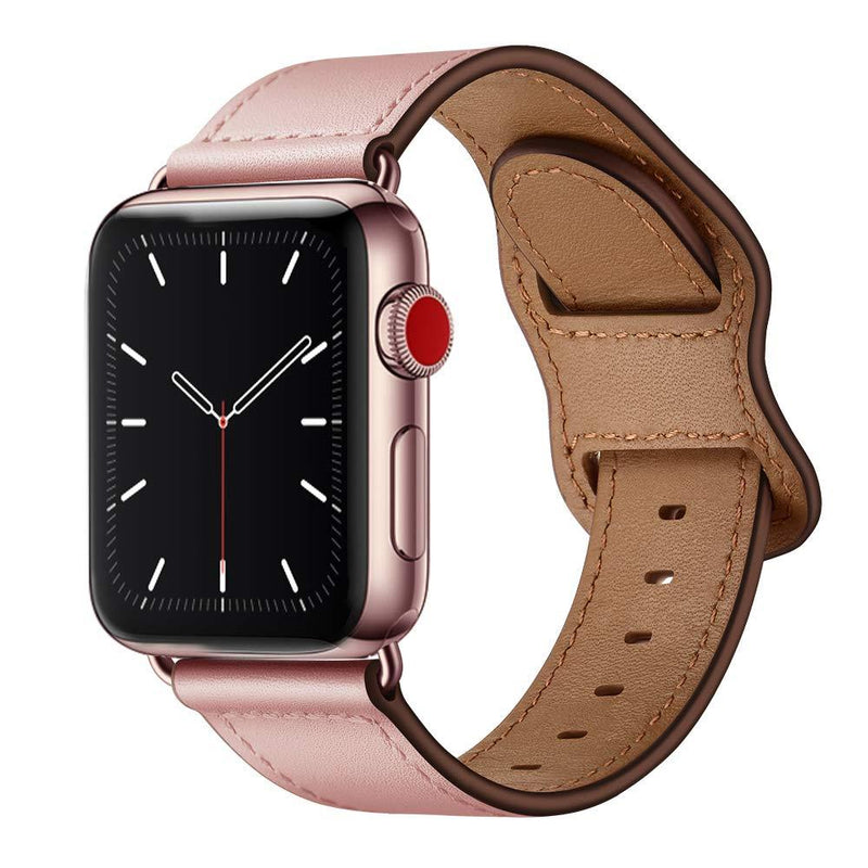 KYISGOS Compatible with iWatch Band 45mm 44mm 42mm 41mm 40mm 38mm, Genuine Leather Replacement Band Strap Compatible with Apple Watch SE Series 7 6 5 4 3 2 1 (Pink/Rose Pink, 45mm/44mm/42mm) Pink/Rose Pink