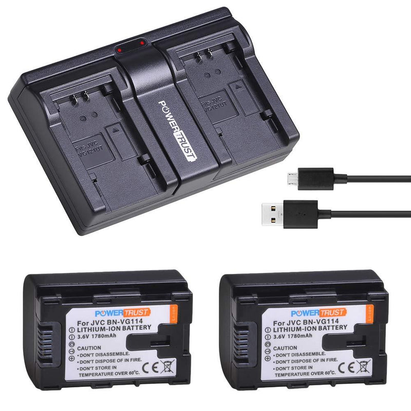 PowerTrust 2-Pack BN-VG114 Battery and Dual Fast Charger for JVC BN-VG107 BN-VG107U BN-VG107US BN-VG114U BN-VG114US BN-VG121 BN-VG121U BN-VG121US Battery and JVC Everio Camera