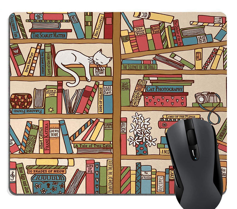 Wknoon Cat Mouse Pad, Nerd Book Lover Kitty Sleeping Over Bookshelf in Library Academics Feline Cosy Boho Design, Rectangle Non-Slip Rubber Mousepad