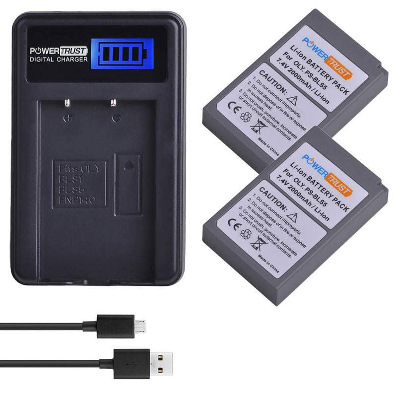 PowerTrust 2-Pack PS-BLS5 BLS-5 BLS5 Bls50 Batteries and LCD USB Charger for Olympus OM-D E-M10,Mark III,Mark II,Pen E-PL2,E-PL6,E-PM2, Stylus 1 Battery