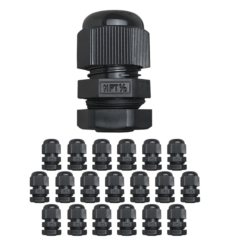 MGI SpeedWare Strain Relief NPT Nylon Cord Grip Cable Glands - 20 Pack (1/2", Black) 1/2 Inch (20-Pack)