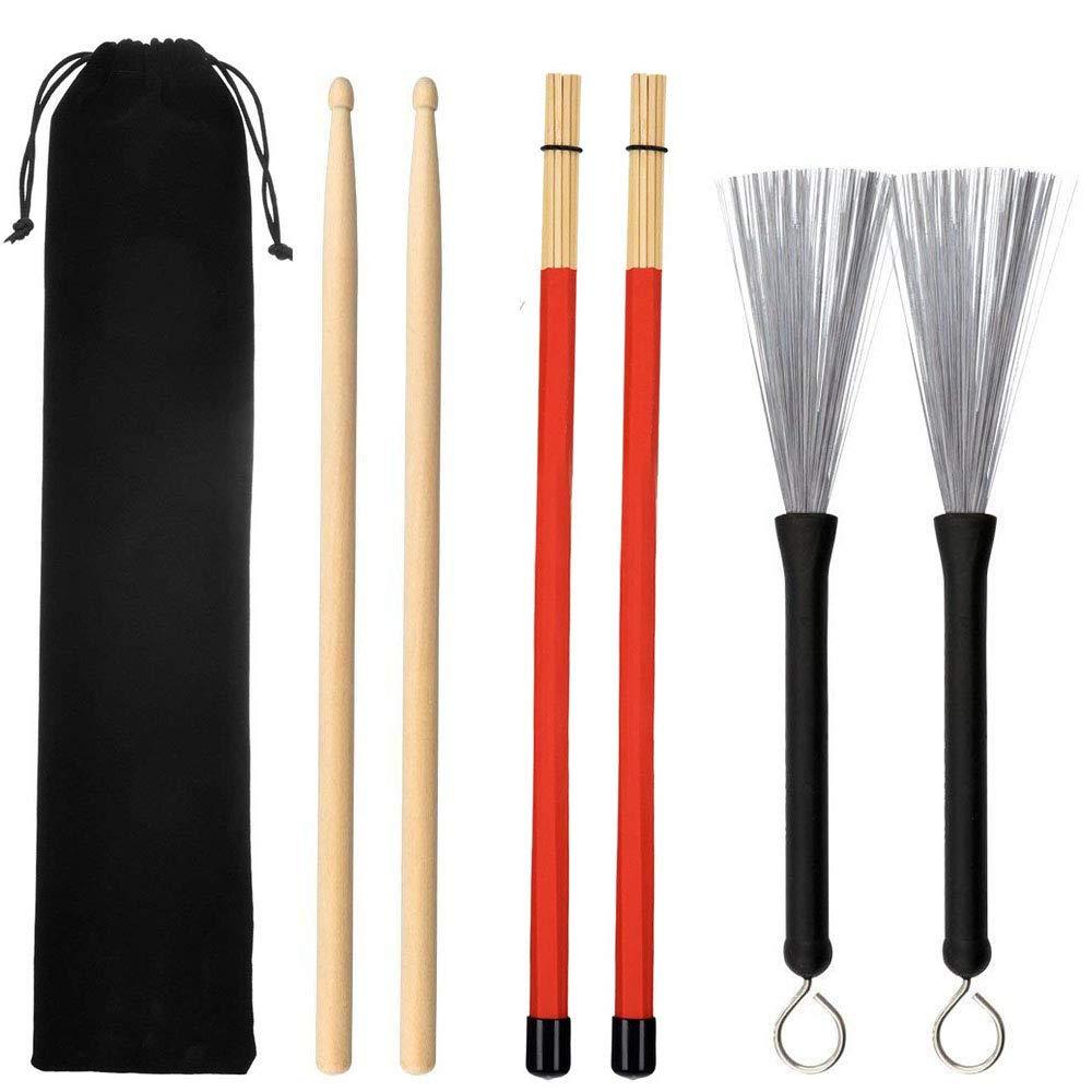 Drum Sticks Set, Oneup 1 Pair 5A Maple Wood Drum Sticks 1 Pair Drum Wire Brushes Retractable Drum Stick Brush and 1 Pair Rods Drum Sticks with Storage Bag for Jazz, Folk