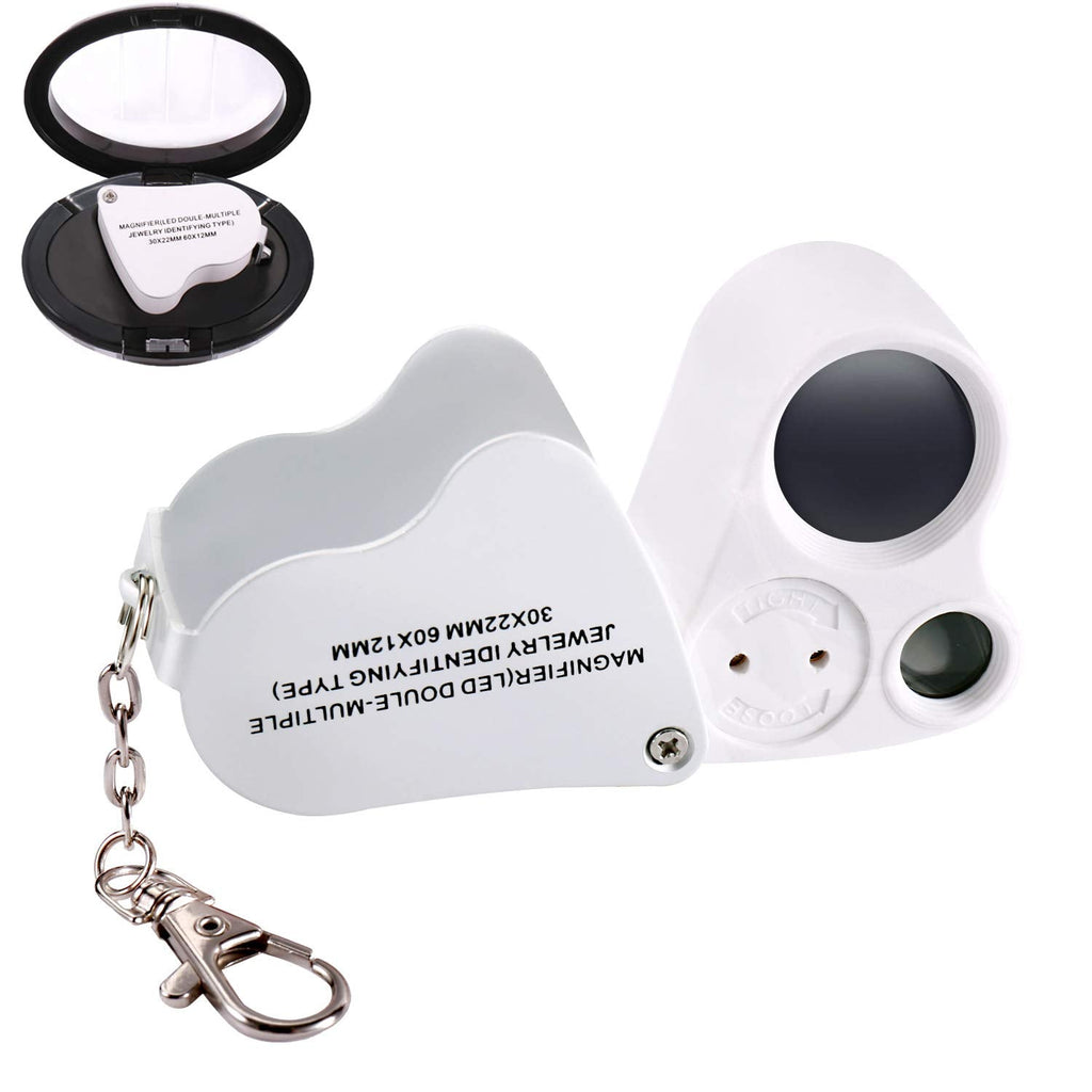 Jiusion Portable Lighted LED Illuminated Jewelry Magnifier 30X 60X Wearable Handheld Dual Lens Eye Loupe Magnifying Glasses Micro Microscope with Keychain and Lanyard Single Pack White