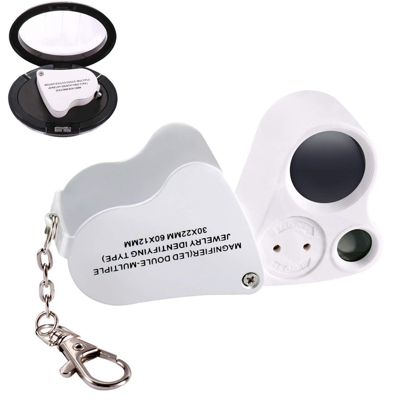Jiusion Portable Lighted LED Illuminated Jewelry Magnifier 30X 60X Wearable Handheld Dual Lens Eye Loupe Magnifying Glasses Micro Microscope with Keychain and Lanyard Single Pack White