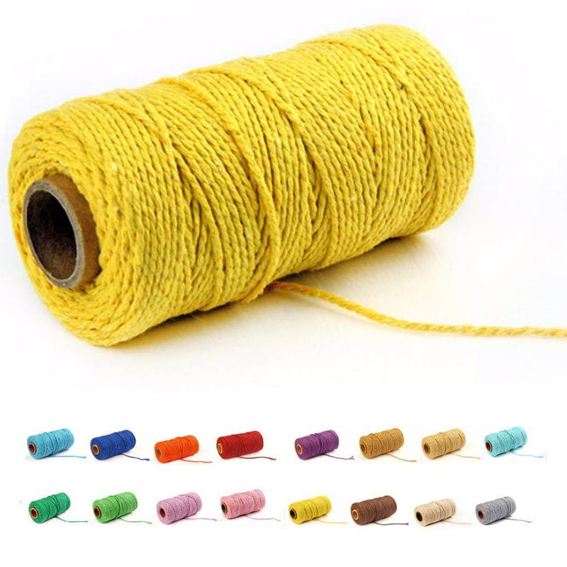 (100 Yards/1.5mm/19 Colors Optional) Cotton Baker Twine DIY Craft Macramé Natural Cotton Rope Craft Making Knitting String Rope DIY Wedding Decor Supply Christmas Wrapping (Yellow) yellow