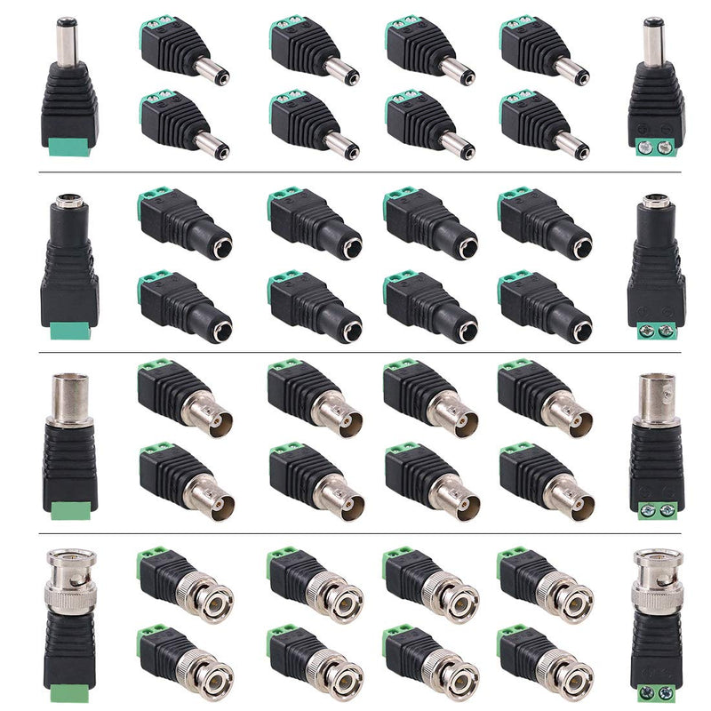 Hilitchi 40 Pcs (10 Pairs x Male + 10 Pairs x Female) 5.5mm x 2.1mm Female Male DC Power Connector, BNC Male Balun Connector for Led Strip CCTV Security Camera Cable Wire Ends Plug Barrel Adapter