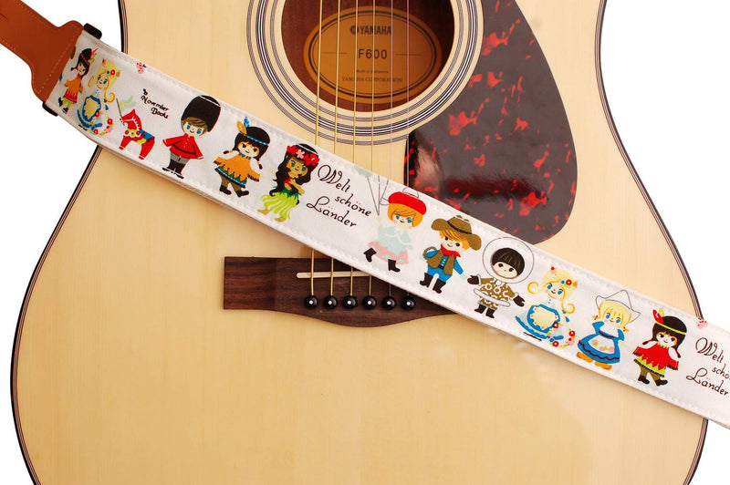 MUSIC FIRST Original Design, 2 inch width (5cm), Cute Cartoon Delux“What A Wonderful World” Soft Cotton & Genuine Leather Ukulele Strap, Guitar Strap, Mandolin Strap