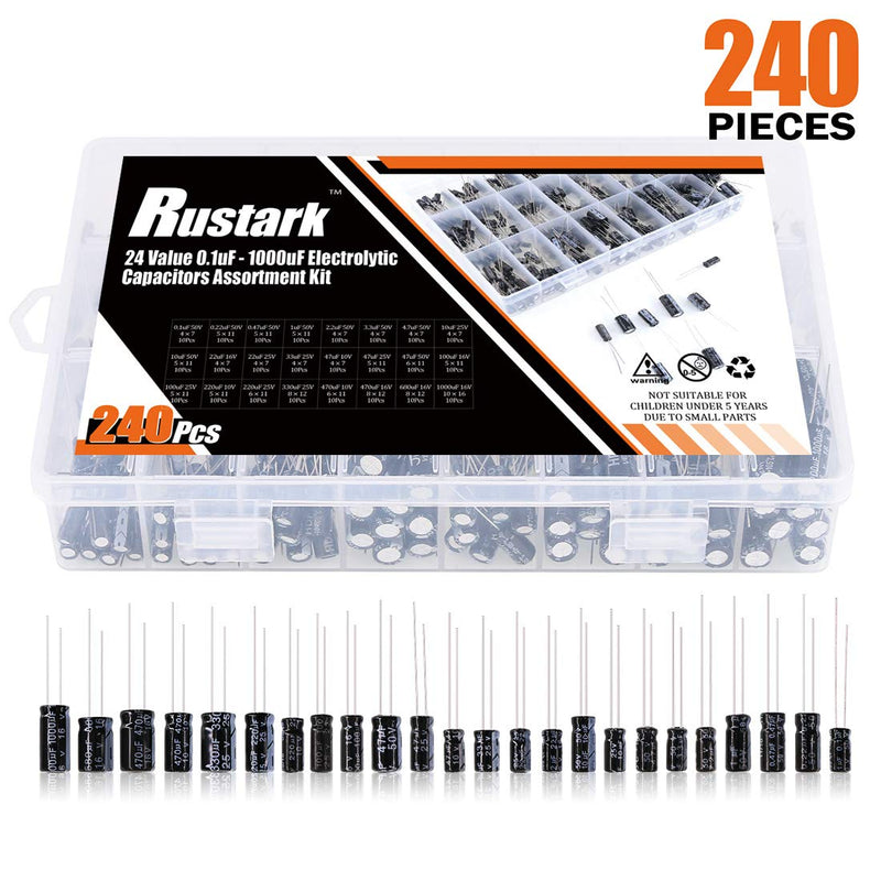 Rustark 240Pcs 24 Values 10V 16V 25V 50V Metal Electrolytic Capacitors Assorted Assortment Box Kit,Range 0.1UF-1000UF Capacitors for Air Conditioning, LED Lights, Audio, Induction Cooker