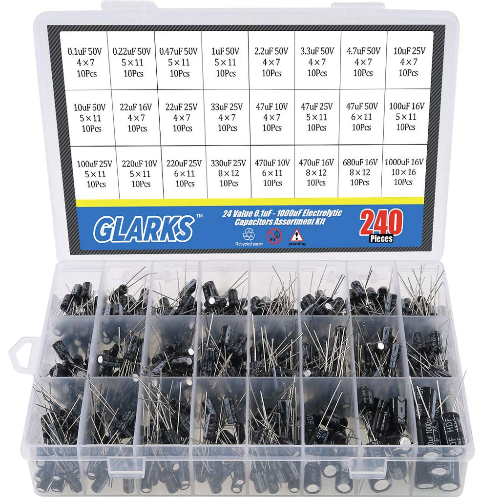 Glarks 240Pcs 24 Value 10V 16V 25V 50V Metal Electrolytic Capacitors Assorted Assortment Kit Set, Lable Capacitor Range 0.1UF - 1000UF