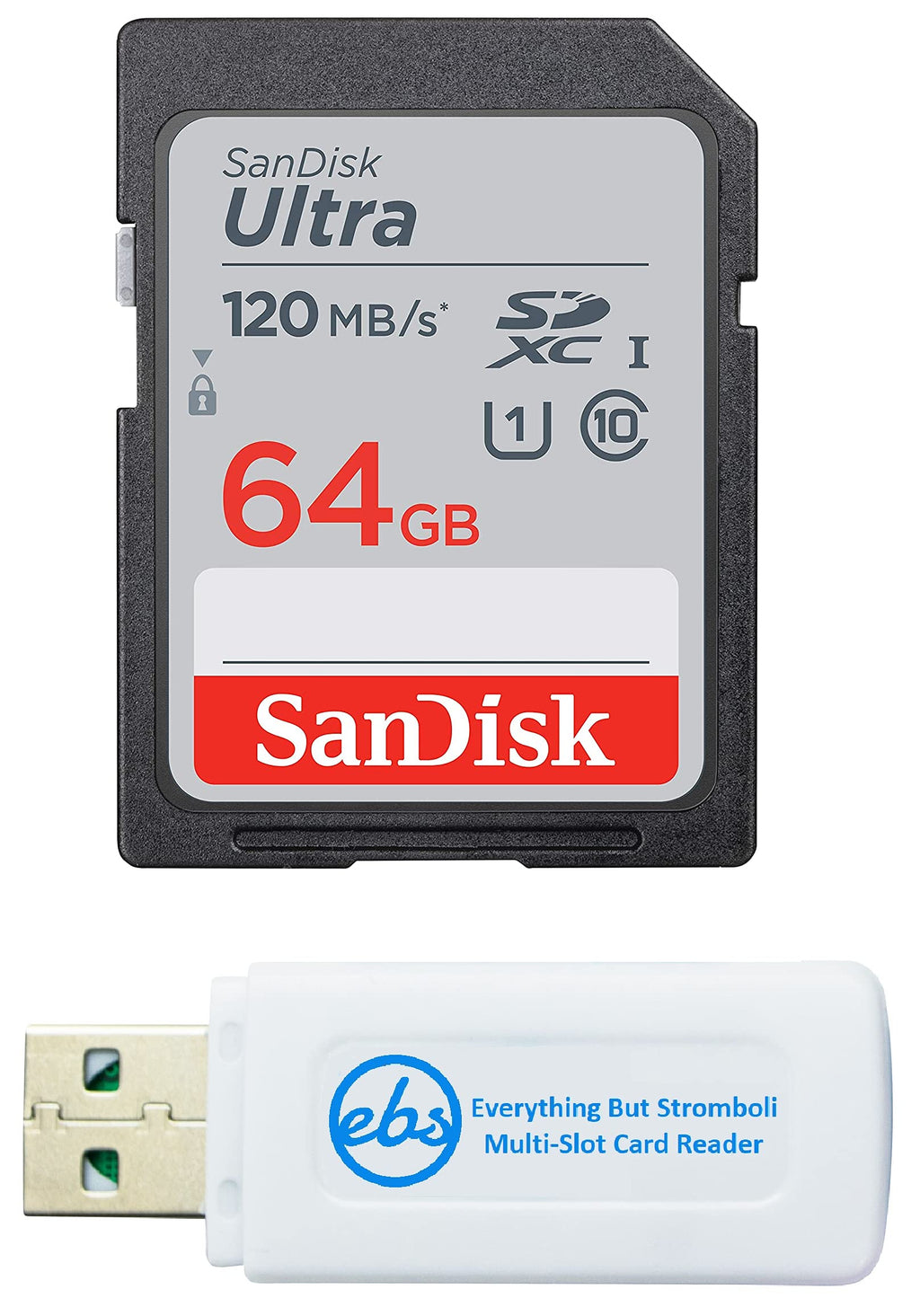 SanDisk 64GB SDXC SD Ultra Memory Card Works with Canon Powershot ELPH 180, 190 is, SX420 is, SX610 HS Camera UHS-I (SDSDUN4-064G-GN6IN) Bundle with (1) Everything But Stromboli Combo Card Reader