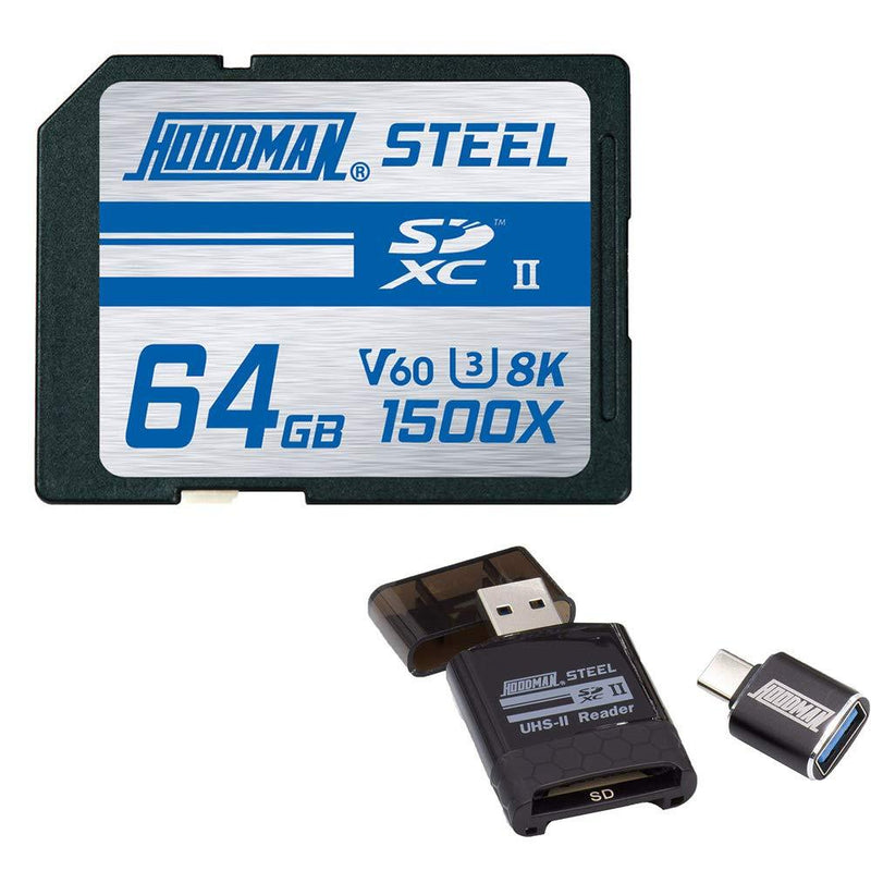 Hoodman 64GB Steel UHS-II V60 U3 Class 10 SDXC Memory Card, 260MB/s Read and 100MB/s Write Speed