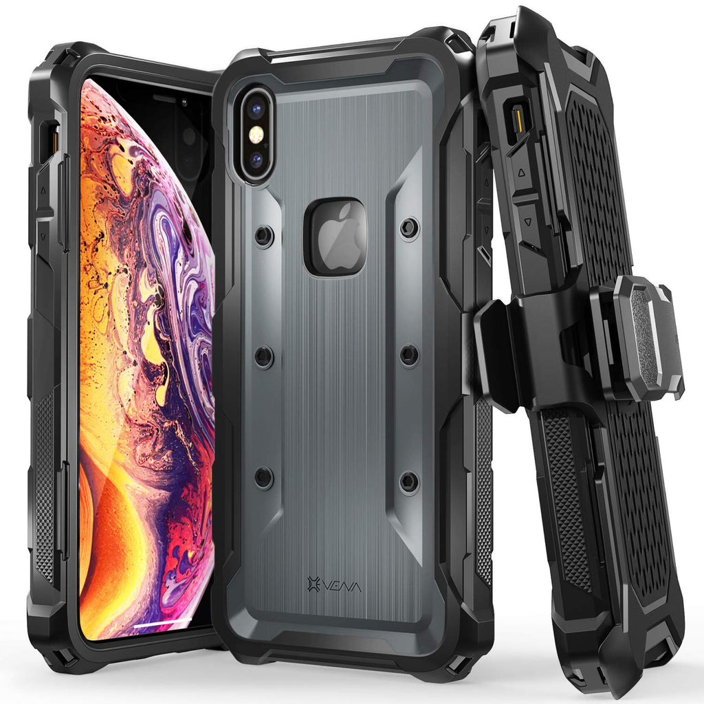 Vena vArmor Rugged Case Compatible with Apple iPhone Xs Max (6.5"-inch), (Military Grade Drop Protection) Heavy Duty Holster Belt Clip Cover with Kickstand - Space Gray / Black