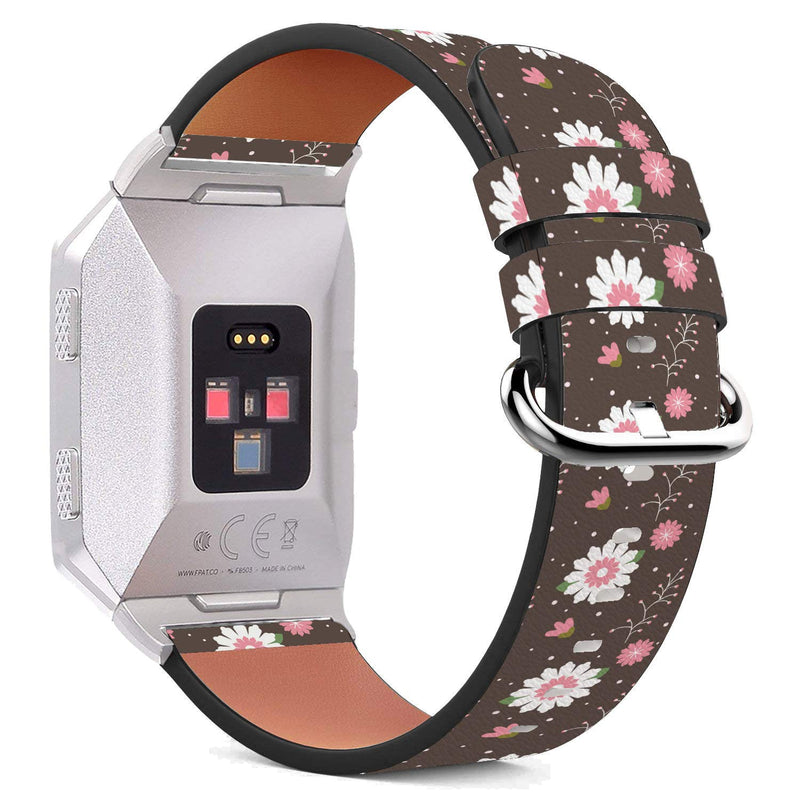 Compatible with Fitbit Ionic - Replacement Leather Wristband Bracelet with Stainless Steel Clasp and Adapters - Brown White Flower