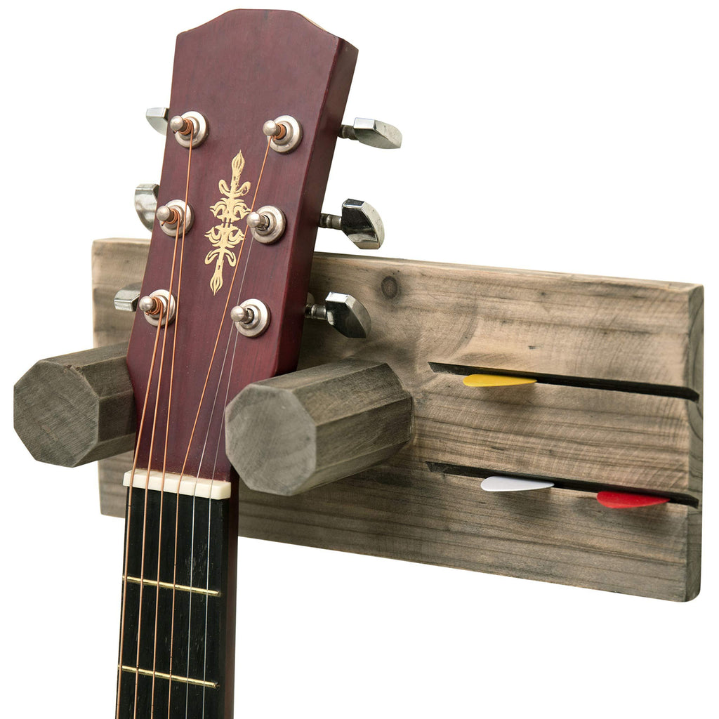 MyGift Wall-Mounted Graywashed Brown Wood Guitar Hanging Rack with Pick Holder