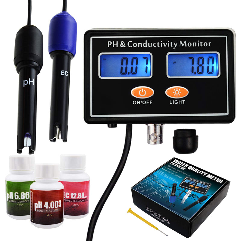 pH/EC Conductivity Meter with ATC Water Quality Tester 0.0-14.0pH / 0~19.99ms/cm Aquarium, Hydroponics Tool PH/EC METER