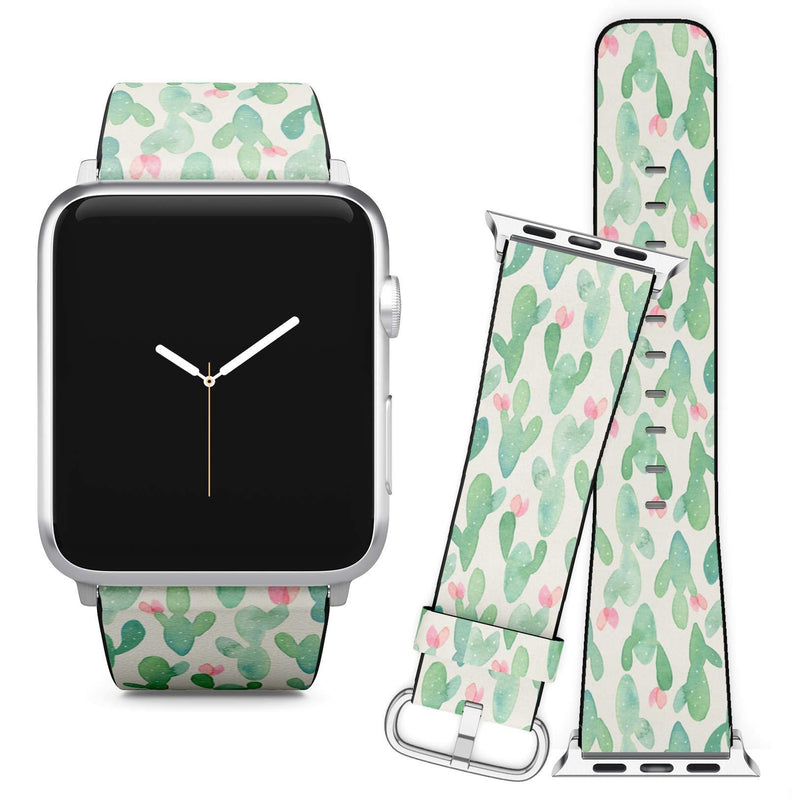 Compatible with Apple Watch iWatch (42/44 mm) Series 5, 4, 3, 2, 1 // Soft Leather Replacement Bracelet Strap Wristband + Adapters // Watercolor Cactus On 42 / 44 mm