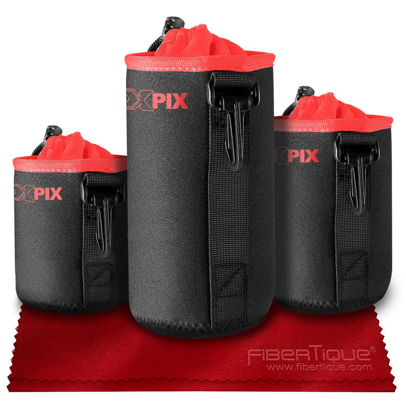 Xpix Deluxe Protector Neoprene DSLR Lens Pouch Kit (3 Pack) for Canon, Nikon, Pentax, Sony, Olympus, Panasonic, and More with Small, Medium, Large Pouches & Fibertique Cloth
