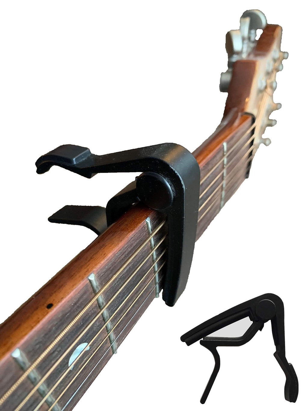 Acoustic Guitar Capo - For Electric, Ukulele, Bass, Banjo - Zero Fret Buzz Clamp with Ergonomic Design - Black Sleek Design