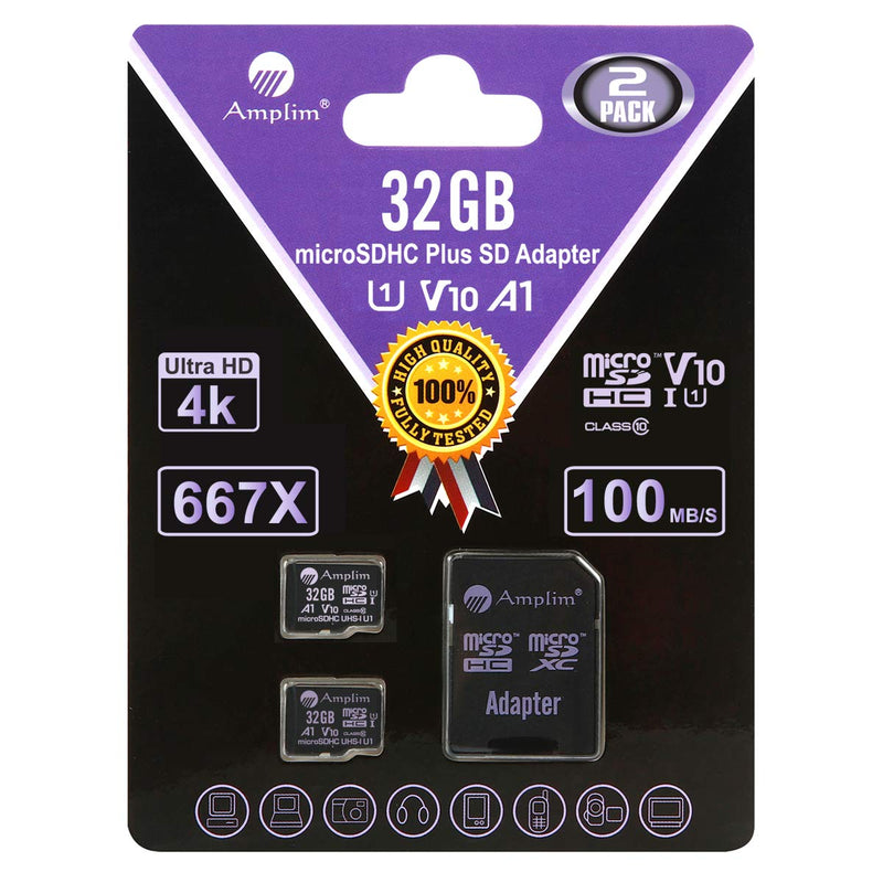 Amplim Micro SD Card 32GB, MicroSD Memory Plus Adapter, 2 Pack MicroSDHC Class 10 UHS-I U1 V10 TF Extreme High Speed Nintendo-Switch, GoPro Hero, Raspberry Pi, Phone Galaxy, Camera Cam, Tablet, PC Purple 2X 32GB