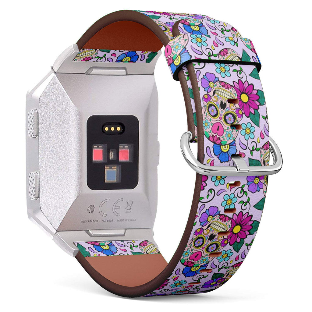 Compatible with Fitbit Ionic Leather Watch Wrist Band Strap Bracelet with Stainless Steel Clasp and Adapters (Festive Sugar Skulls Heart)