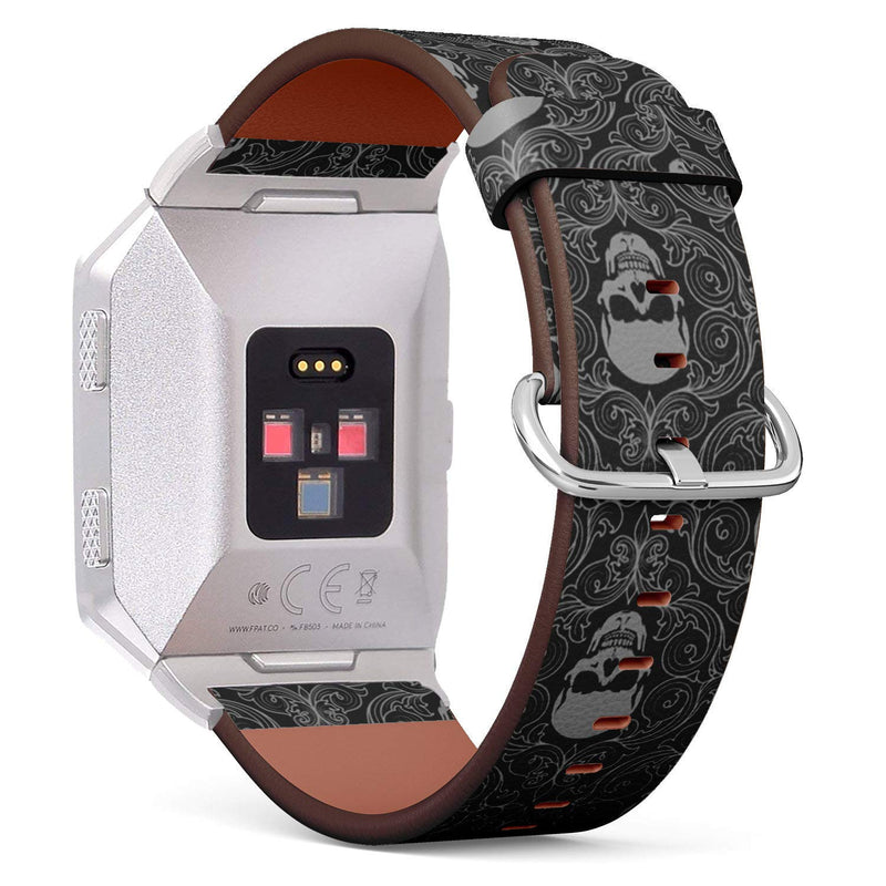 Compatible with Fitbit Ionic Leather Watch Wrist Band Strap Bracelet with Stainless Steel Clasp and Adapters (Skulls)